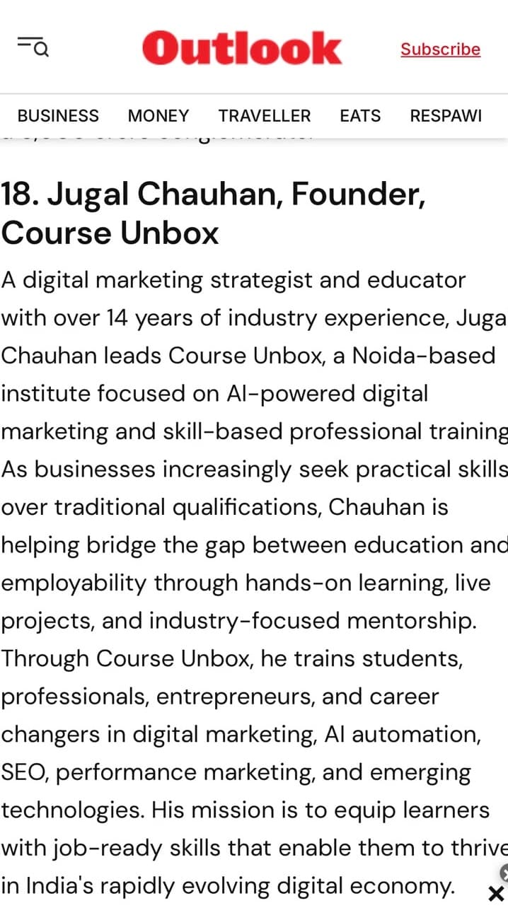 Outlook India feature listing Jugal Chauhan, Founder of Course Unbox, among 40 Rising Leaders Below 40