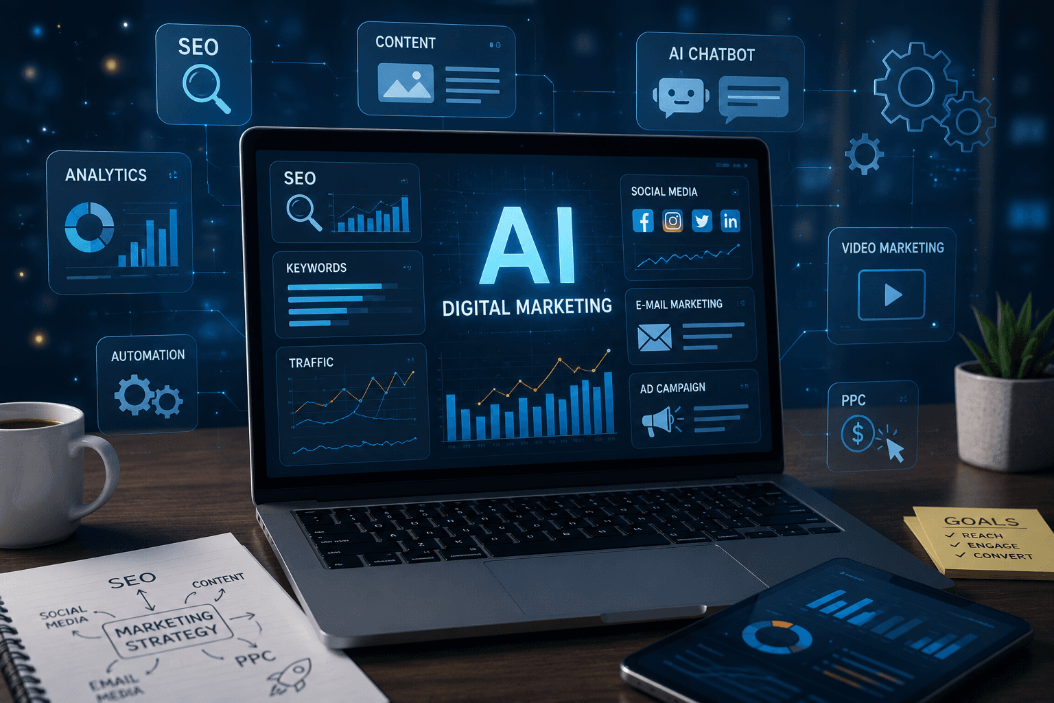 Digital marketing professionals analyzing AI-powered SEO and search analytics dashboards on a large screen in a modern office