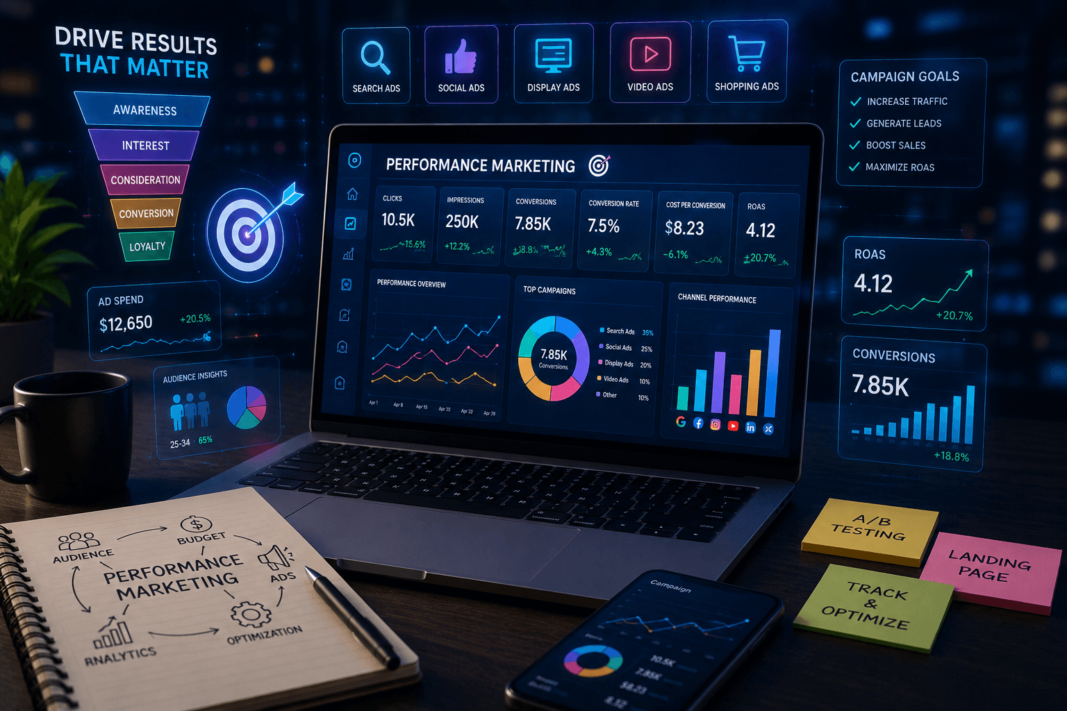 Performance marketer analyzing Google Ads and Meta Ads campaign performance dashboards on a laptop in a modern office
