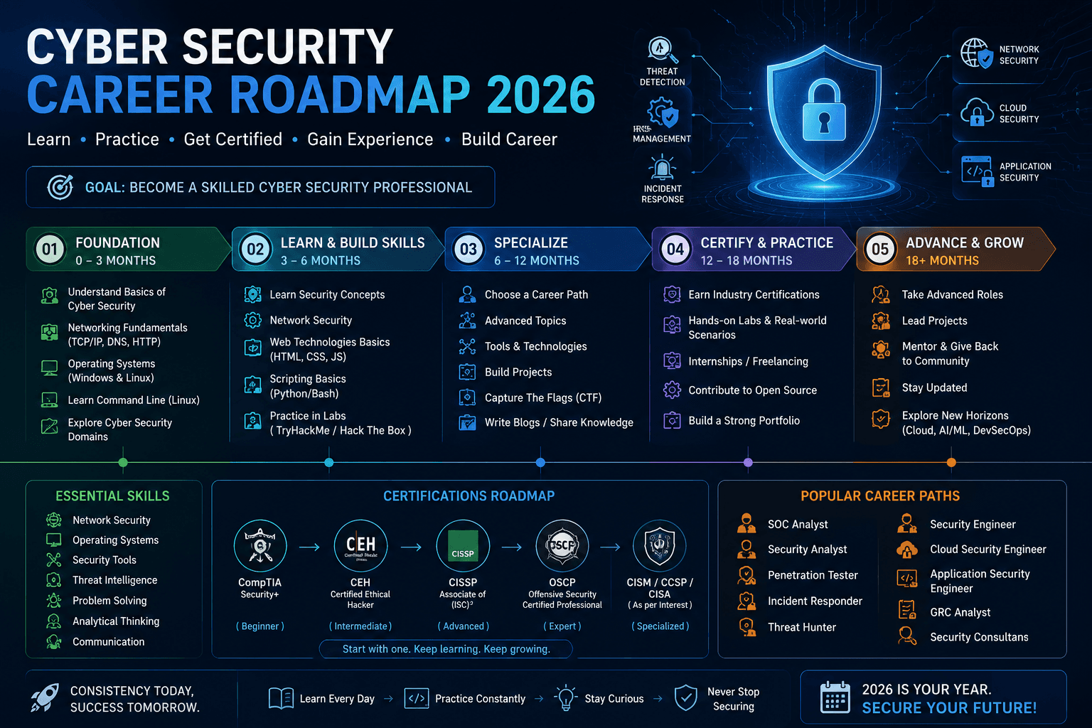 Step-by-step cyber security career roadmap showing the path from beginner to SOC analyst job in 2026