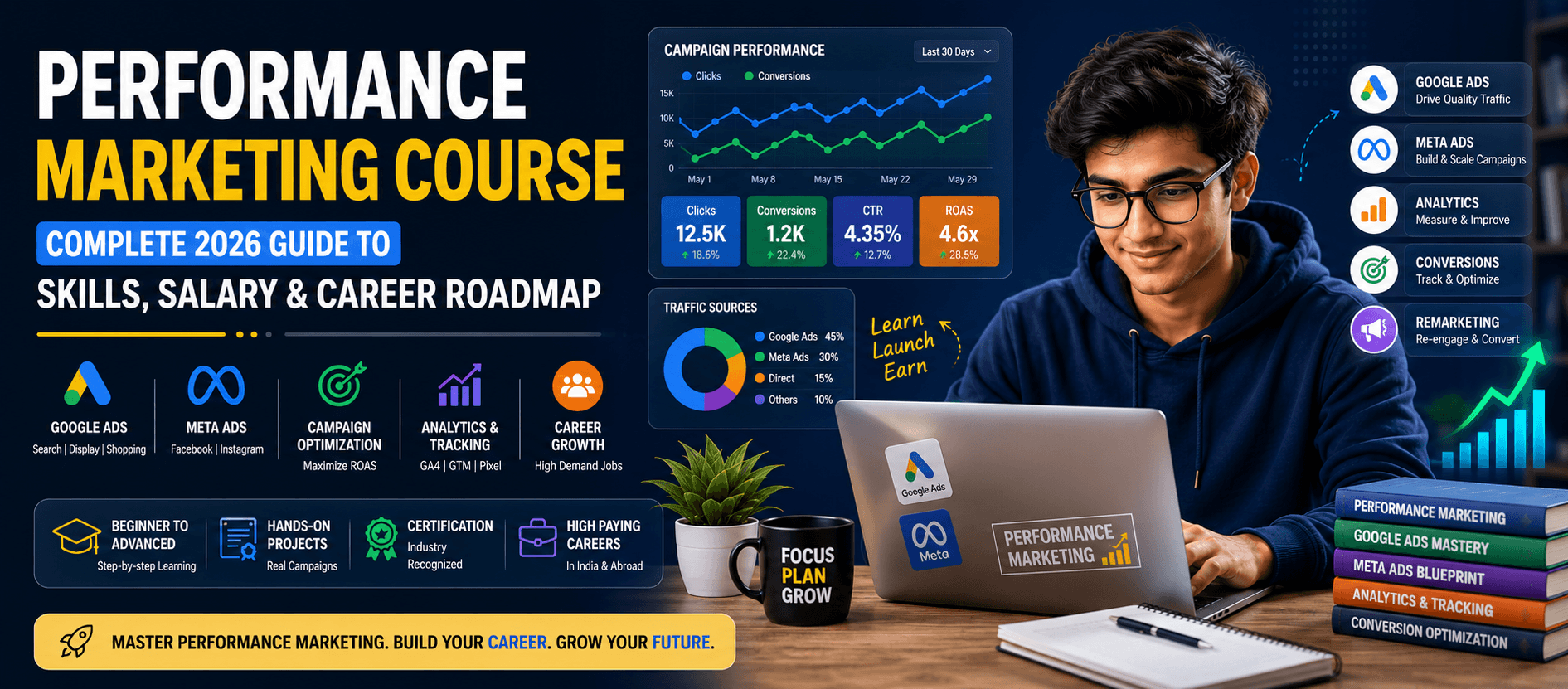 Student learning performance marketing course with Google Ads and Meta Ads campaign dashboard on screen
