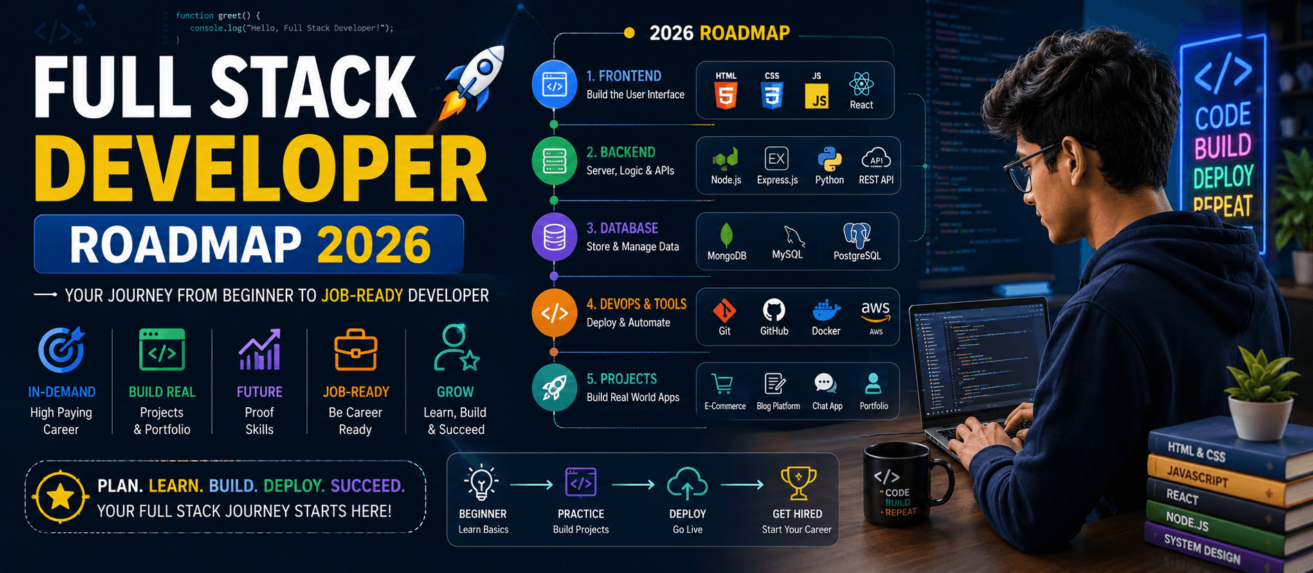 Full stack developer roadmap 2026 showing 14 learning modules from HTML CSS to AI powered capstone project