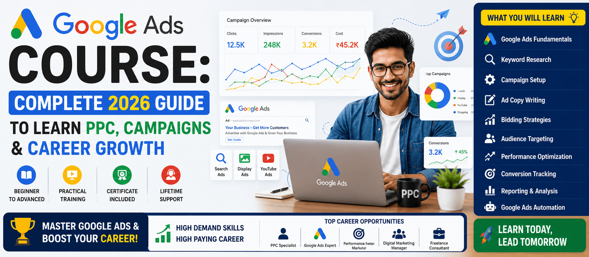 Student learning Google Ads course with Search, Display and Shopping campaign dashboard on screen