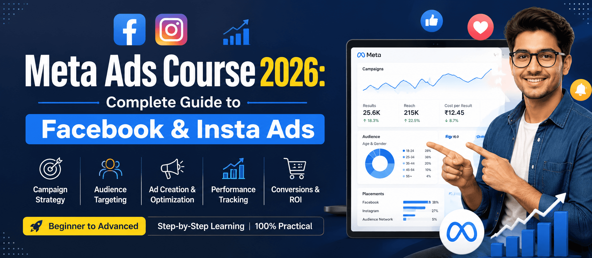 Student learning Meta Ads course strategies for Facebook and Instagram advertising on a laptop