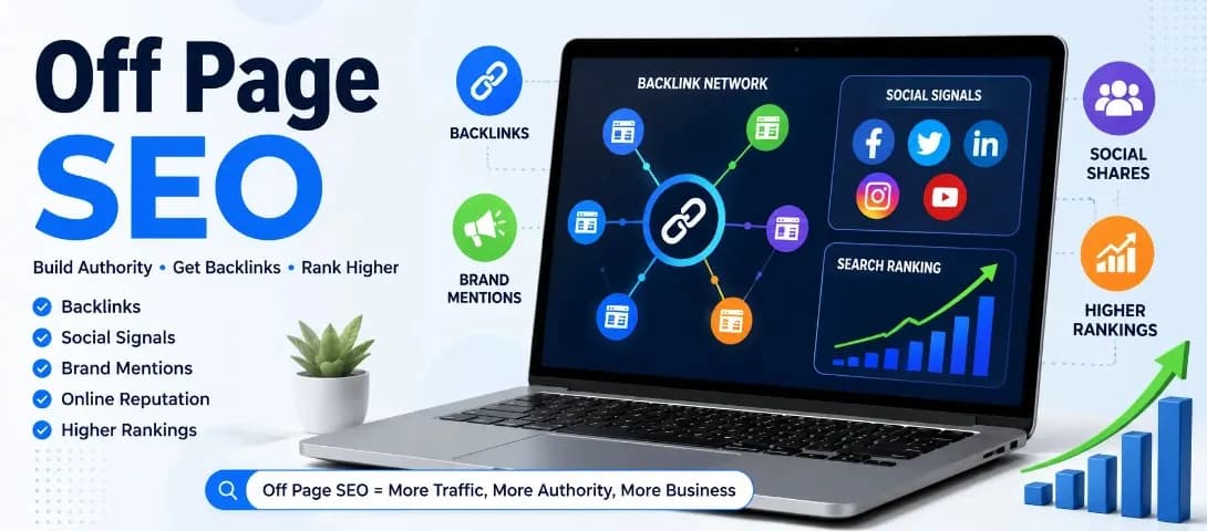 Off Page SEO complete guide infographic showing backlinks, social media, and ranking growth strategy