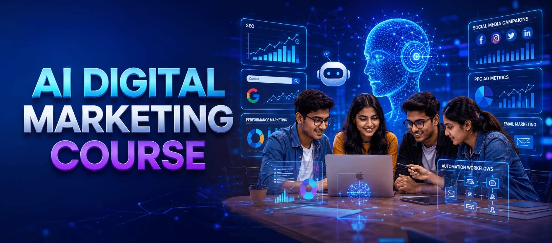 Student learning AI digital marketing course with SEO and analytics dashboard on laptop screen
