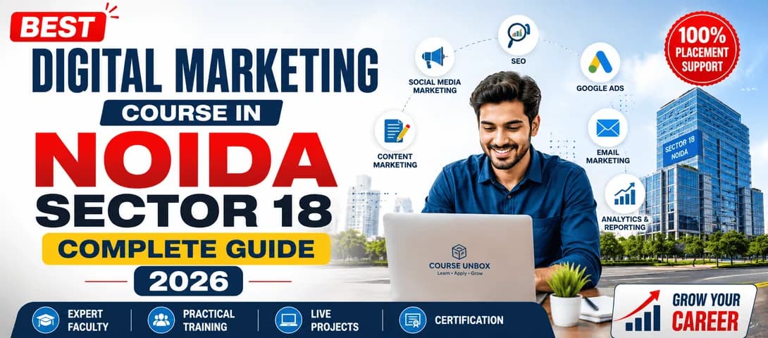 Student learning the best digital marketing course in Noida Sector 18 on a laptop with SEO and social media dashboards.