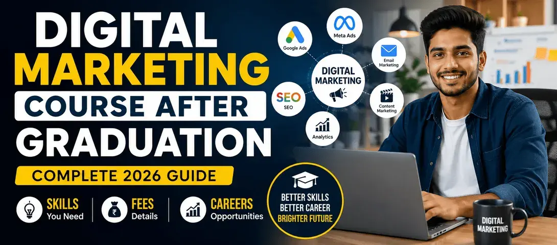 Graduate exploring a digital marketing course after graduation with SEO and AI marketing icons