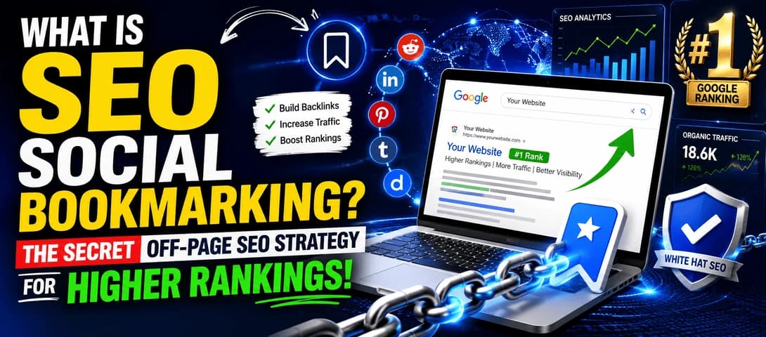 SEO social bookmarking illustration showing a web page saved and shared across bookmarking platforms for off-page SEO