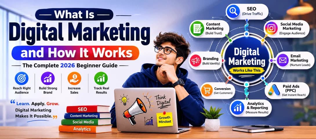 Illustration explaining what is digital marketing and how it works across SEO, social and paid ads