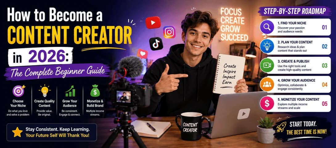 Beginner learning how to become a content creator using a camera, phone and laptop editing tools