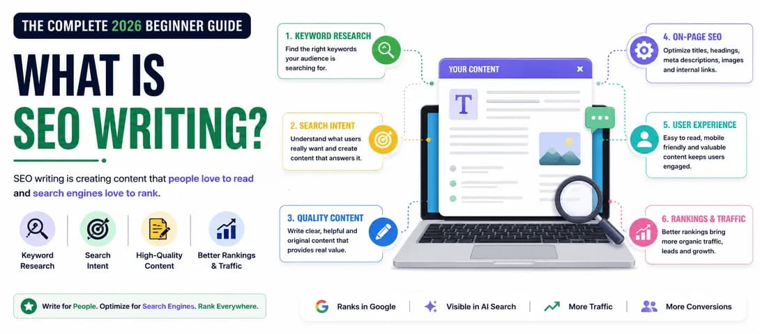 Illustration explaining what is SEO writing with keywords, search intent, and content ranking on Google search results