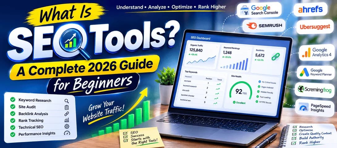Illustration explaining what SEO tools are with keyword research, site audit, and rank tracking dashboards