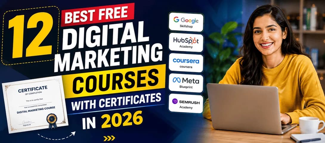 Student learning a free digital marketing course with certificate on a laptop at home in India