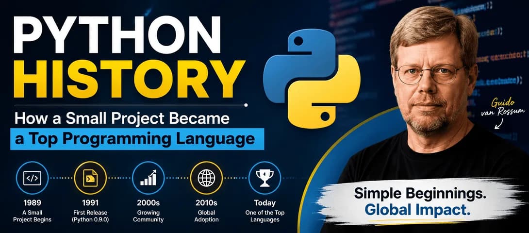 Timeline showing Python history and the evolution of the programming language from 1989 to today