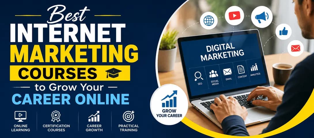 Student comparing the best internet marketing courses online on a laptop with certification options
