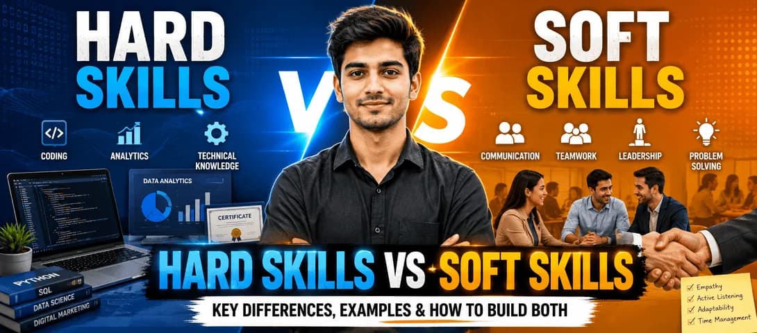 Infographic comparing hard skills vs soft skills with examples for resume and career development