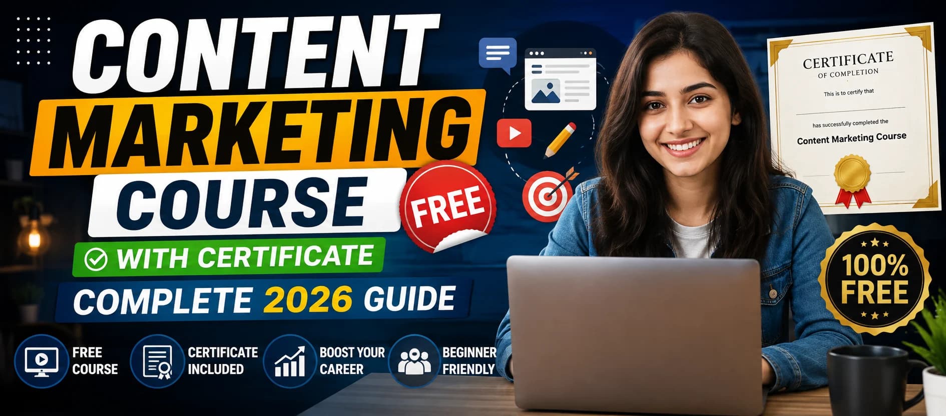 Learner earning a content marketing course free with certificate online on a laptop at home