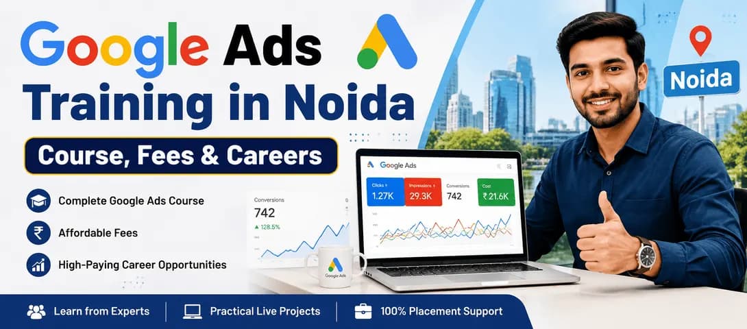 Google Ads training in Noida class with students learning PPC campaign management on laptops