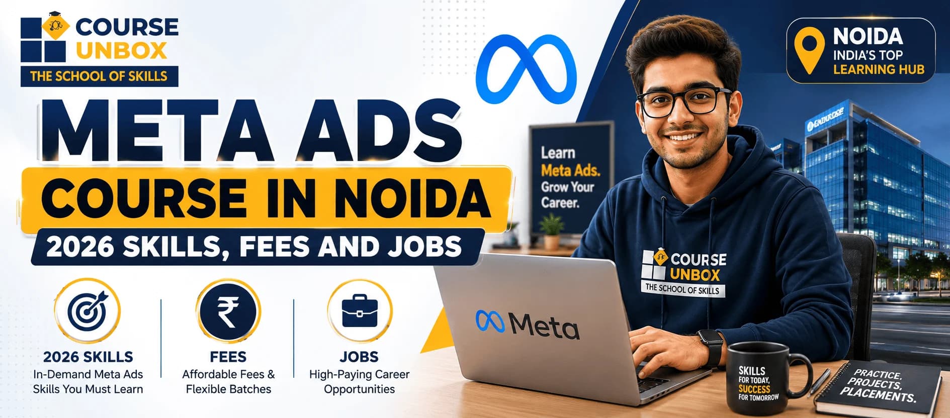 Students learning Meta Ads course in Noida using Facebook and Instagram ads manager on laptops