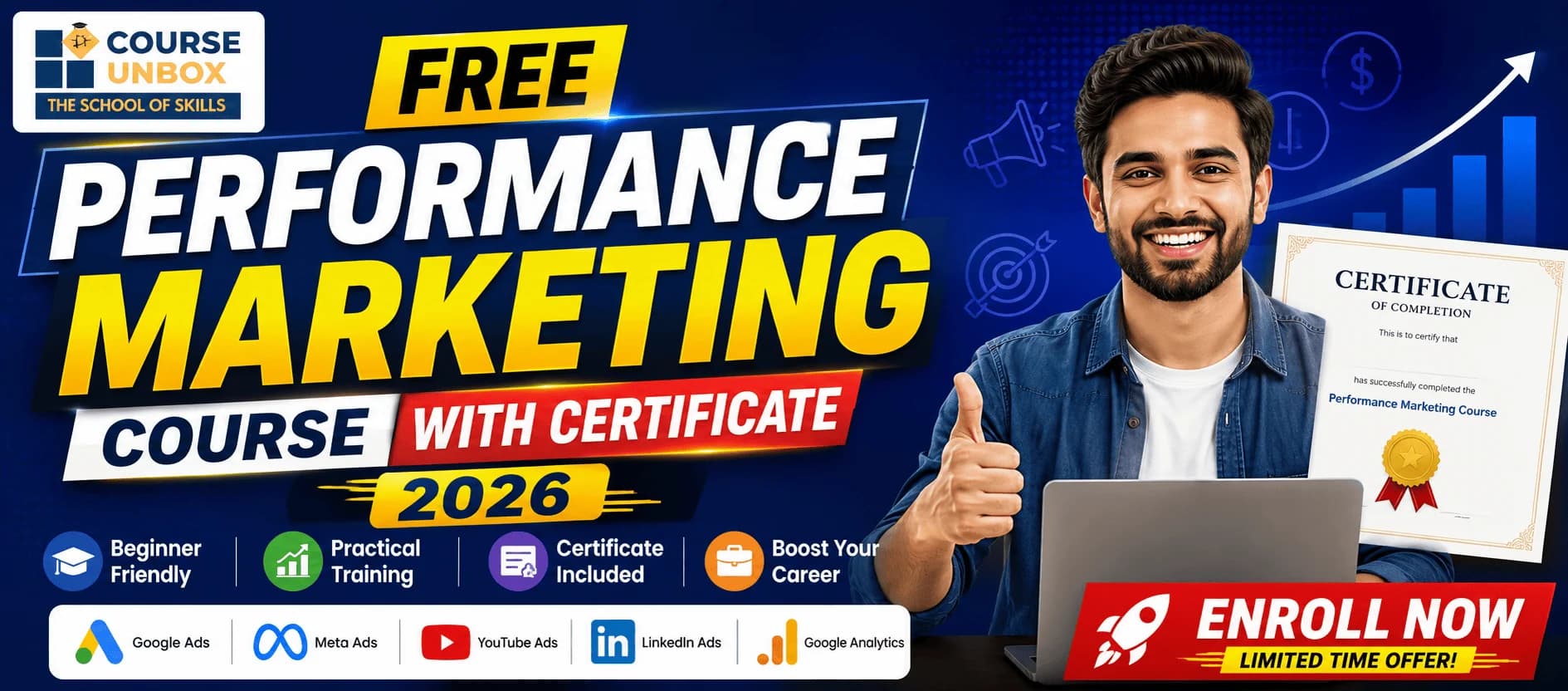 Learner earning a free performance marketing course with certificate using Google Ads and analytics dashboards