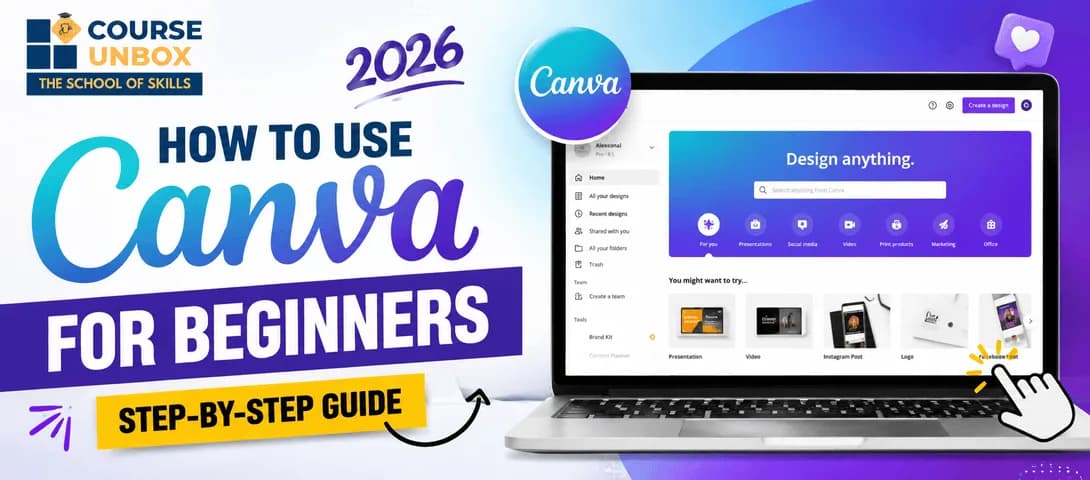 Beginner using Canva on a laptop and phone to create a design, step-by-step tutorial by CourseUnbox