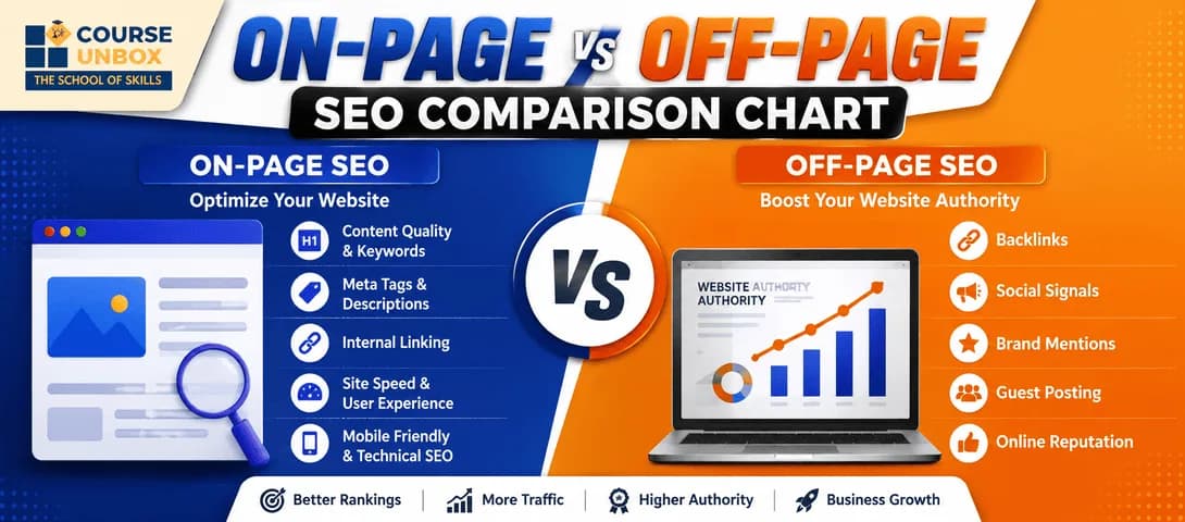 On-page vs off-page SEO comparison chart by CourseUnbox