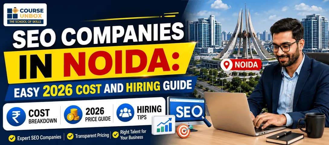 Business owner comparing SEO companies in Noida on a laptop with Google ranking charts