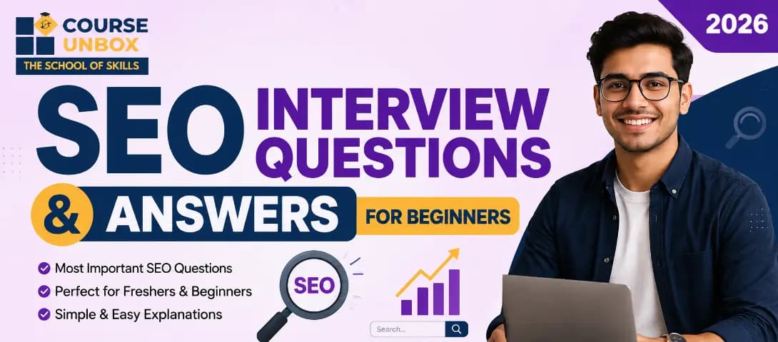 Hero: Beginner preparing for an SEO interview with SEO interview questions and answers open on a laptop