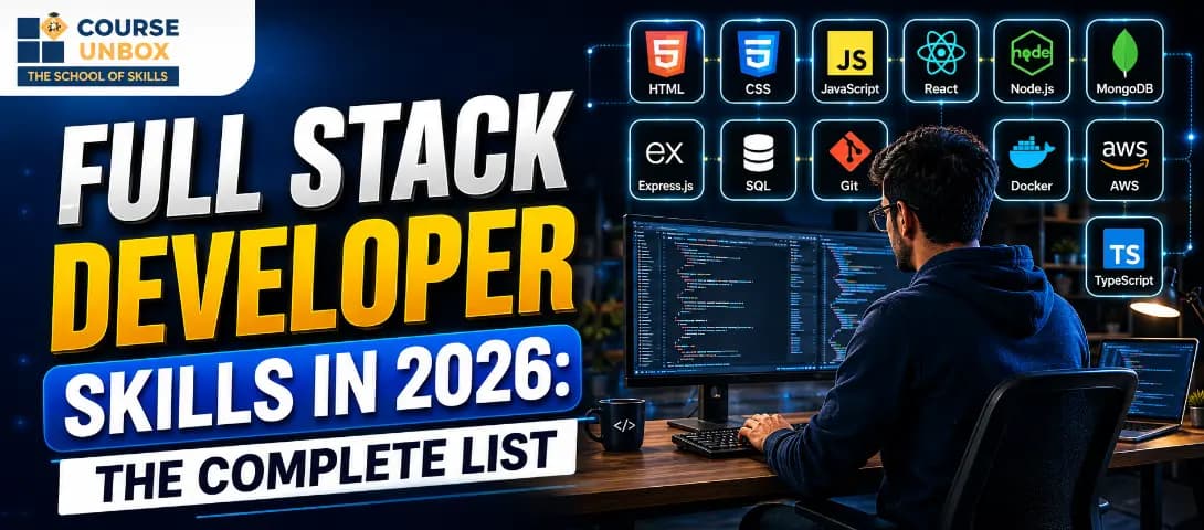 Full stack developer skills for 2026 arranged as front-end, back-end and DevOps layers.