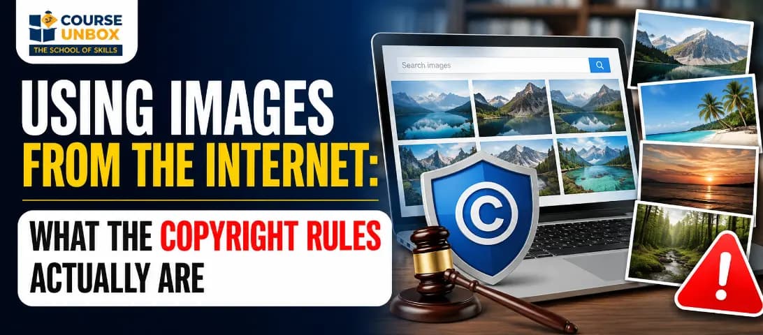 Marketer checking an image licence before using images from the internet on a laptop