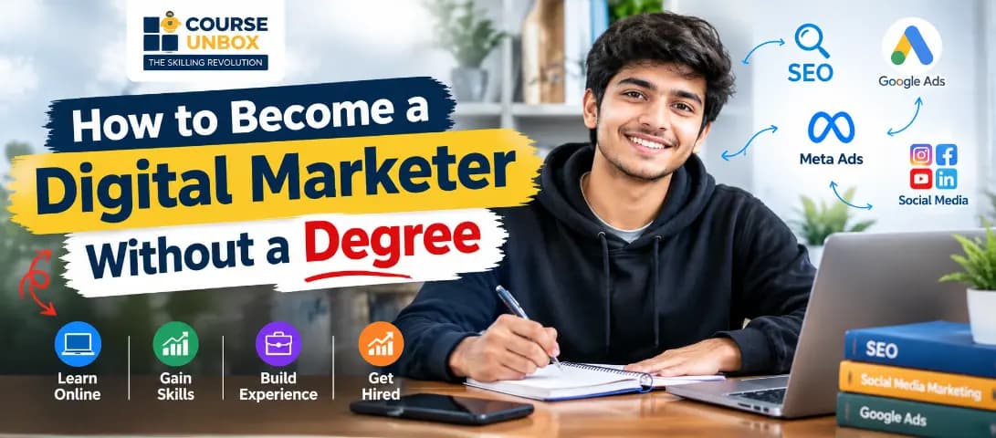 A beginner learning digital marketing on a laptop with free online course certificates on screen