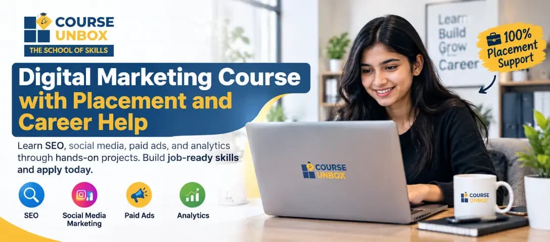 Student comparing digital marketing courses with placement, reading placement guarantee terms and a batch-wise placement report