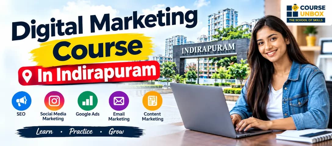 Hero image → learner taking a digital marketing course in Indirapuram with Course Unbox