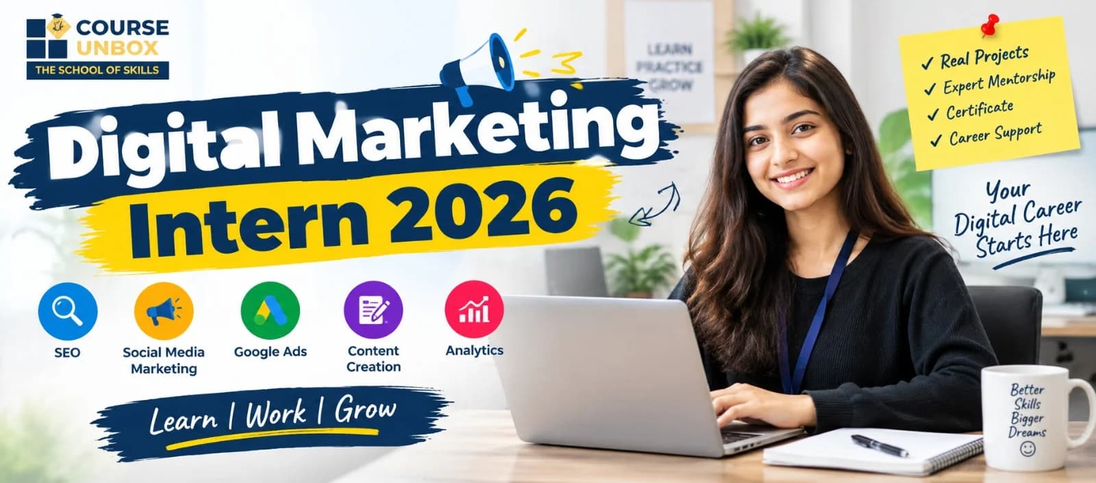 A digital marketing intern working on social media and analytics dashboards on a laptop
